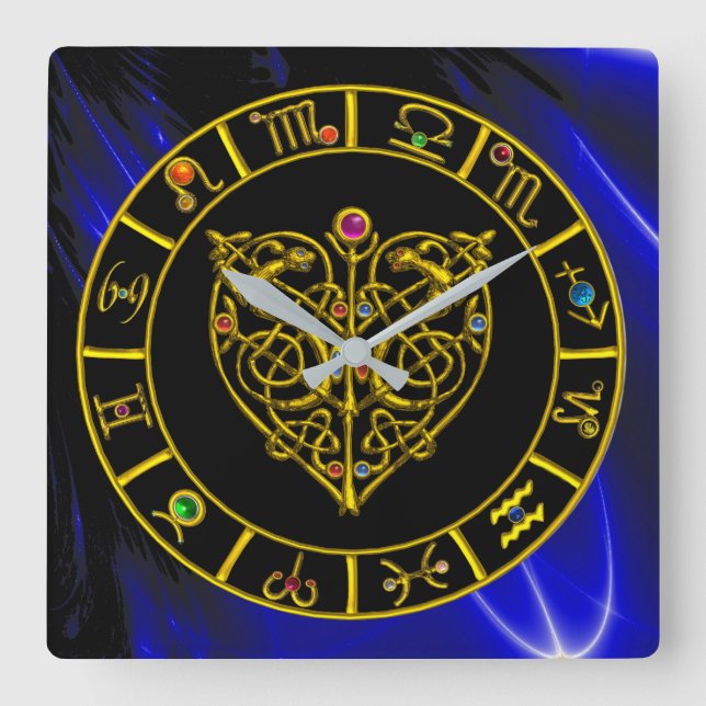 ZODIAKALE SIGNALE IN BLAU, GOLD ASTRAL HERZAstrolo Quadratische Wanduhr (Vorderseite)