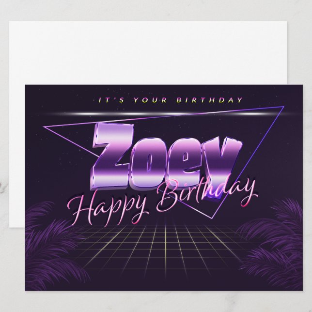 Zoey Prénom lila retro Carte Anniversaire (Devant / Derrière)