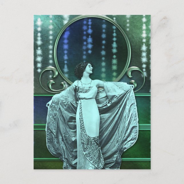 ZOHARA: Art Deco Woman in Aqua und Green Postkarte (Vorderseite)
