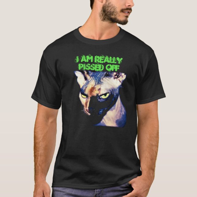 Zollhemd: Schwarze, wütende Spynxkatze T-Shirt (Vorderseite)