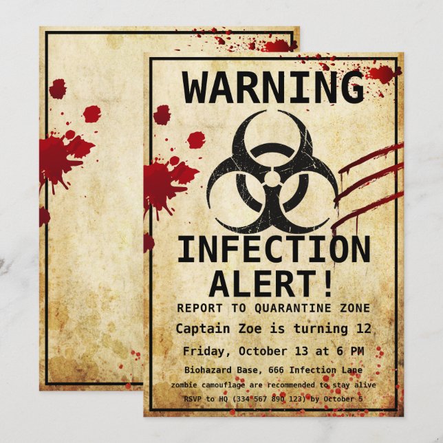 Zombie Apokalypse Geburtstag | Halloween-Biogefähr Einladung (Vorne/Hinten)