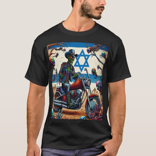 Zombie Biker in Apocalyptic Israeli Scene T-Shirt (Vorderseite)