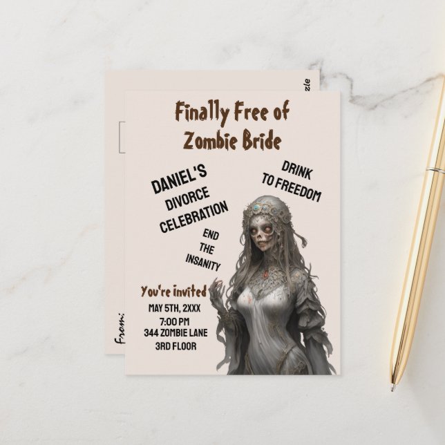 Zombie Bride Scheidung Party Einladung Freiheit Sp Postkarte (Vorderseite/Rückseite Beispiel)
