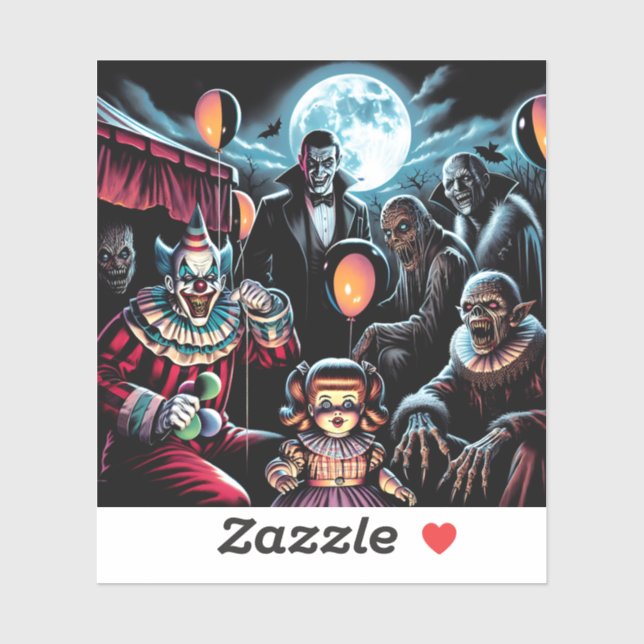Zombie, Clown, Vamp und Spuk PuppenHalloween Aufkleber (Blatt)