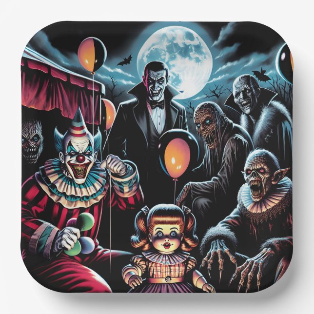 Zombie, Clown, Vamp und Spuk PuppenHalloween Pappteller (Vorderseite)
