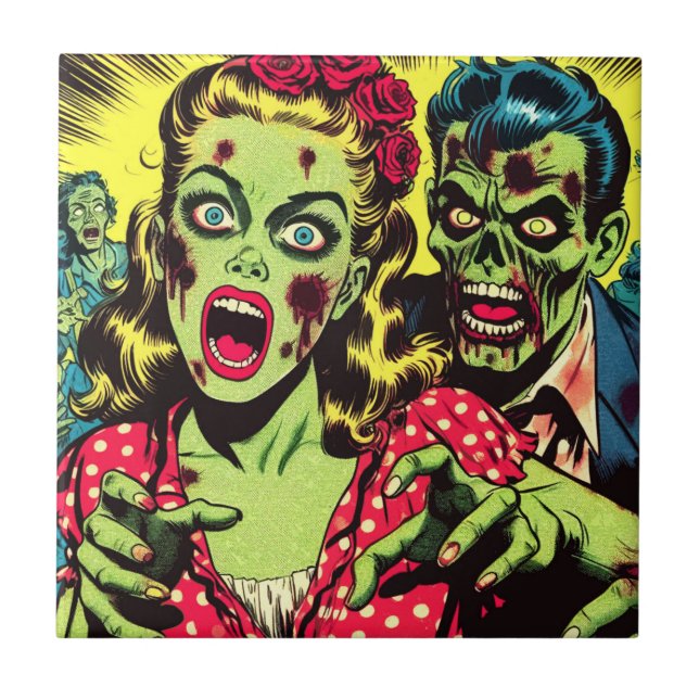 Zombie Couple Retro Comic Fliese (Vorderseite)