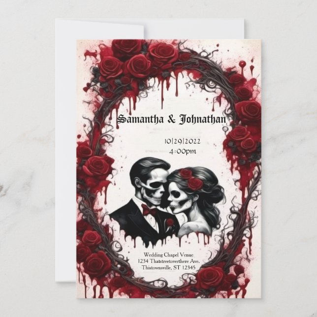 Zombie Couple Skulls und Rose Goth Wedding Einladung (Vorderseite)
