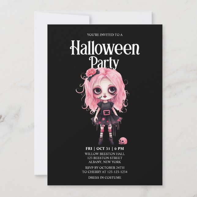Zombie Girl Skull Pink Horror Halloween-Party Einladung (Vorderseite)