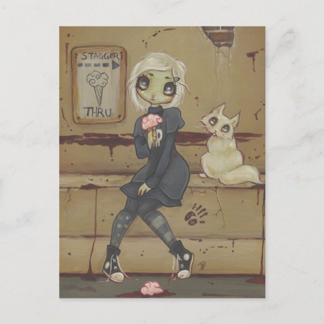 Zombie gode fille mignonne carte postale chat mort (Devant)