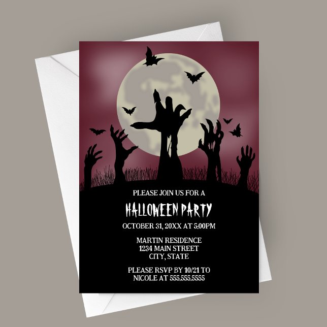 Zombie Hands Halloween-Party Einladung (Zombie Hands Spooky Full Moon Halloween Party Invitation)