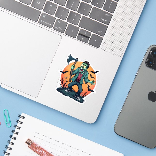 Zombie Holding Ax Creepy Halloween Design Aufkleber (Laptop mit iPhone)