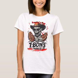 Zombie isst ein T-Bone-Steak auf einem Weißen T-Shirt