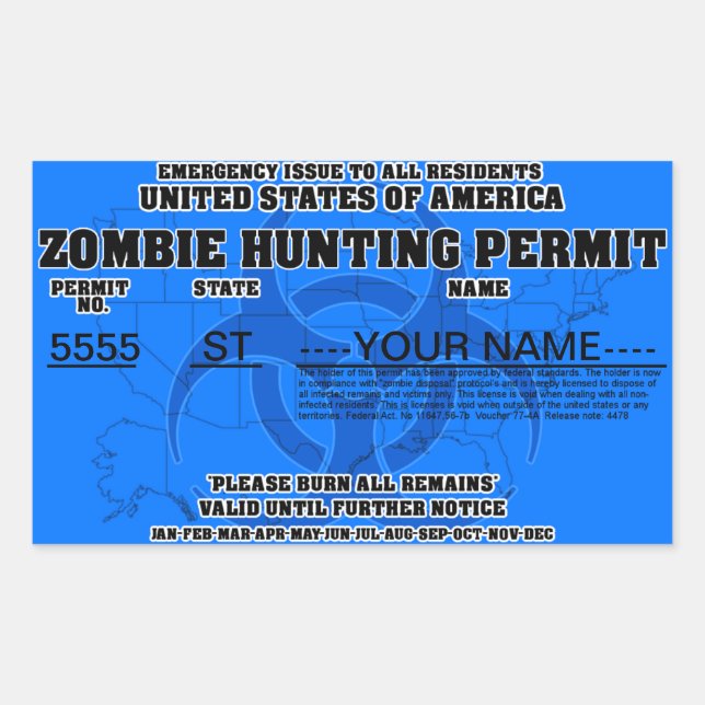 Zombie-Jagd-Erlaubnis (blau) Rechteckiger Aufkleber (Vorderseite)
