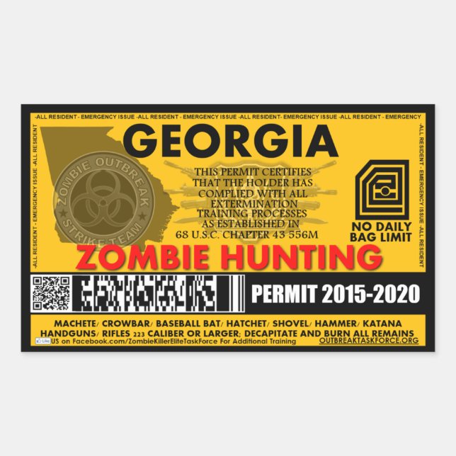Zombie Jagderlaubnis Georgien Rechteckiger Aufkleber (Vorderseite)