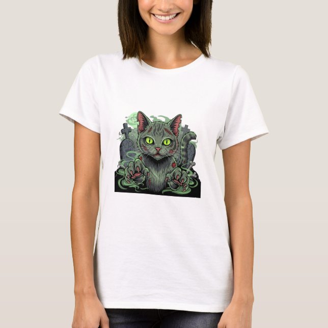 Zombie-Katzenangriff - grausame Halloween-Katze-Fr T-Shirt (Vorderseite)