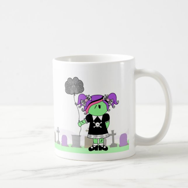 Zombie-Mädchen mit Gehirn-Ballon in der Kaffeetasse (Rechts)
