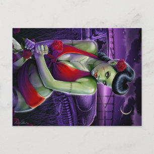 Zombie-Mädchenliebe mit Rose und Oldtimer Postkarte