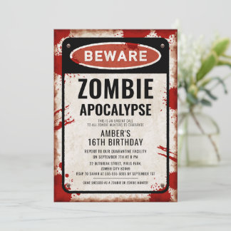 Zombie-Party mit BEWARE-Zeichen und Blutflecken Einladung
