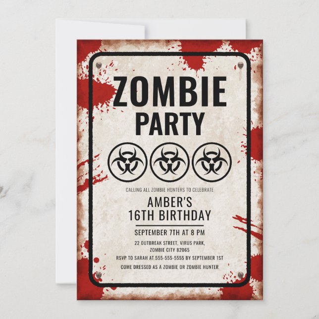 Zombie-Party mit Biogefährdung-Icons und Blutfleck Einladung (Vorderseite)