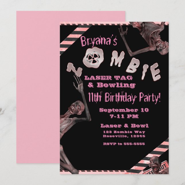 Zombie Pink & Black Girls Geburtstagsparty Einladung (Vorne/Hinten)