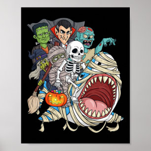 Zombie Riding Mummy Shark Vampire Halloween Pumpki Poster