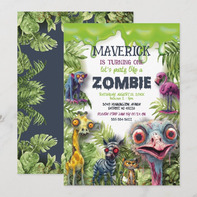 Zombie Safari Tiere Geburtstag Einladung (Vorne/Hinten)