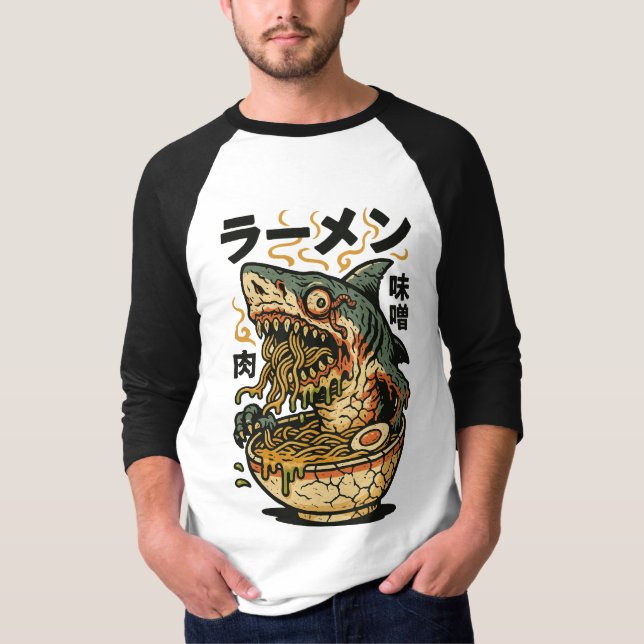 Zombie Shark Ramen - Creepy Horror japanisches Ess T-Shirt (Vorderseite)