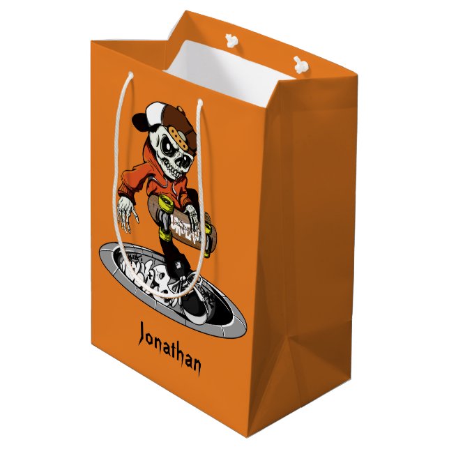 Zombie-Skater-Name- u. -farbgeschenktaschen Mittlere Geschenktüte (Rückseite Schrägansicht)