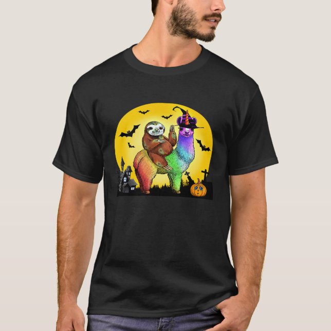 Zombie Sloth Riding Llama Unicorn Hexenhaus T-Shirt (Vorderseite)