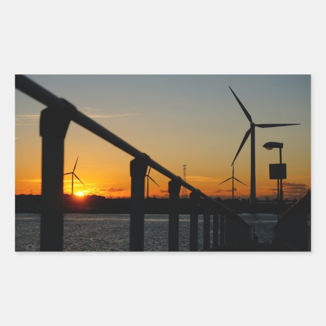 Zonsondergang met windmolen, Rustgevend relaxt. Rechteckiger Aufkleber (Vorderseite)