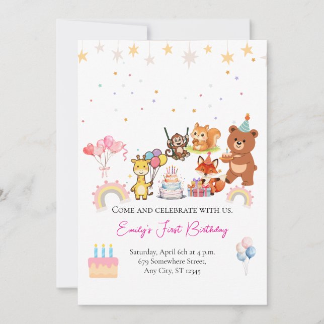Zoo animals cute first birthday invitation (Devant)