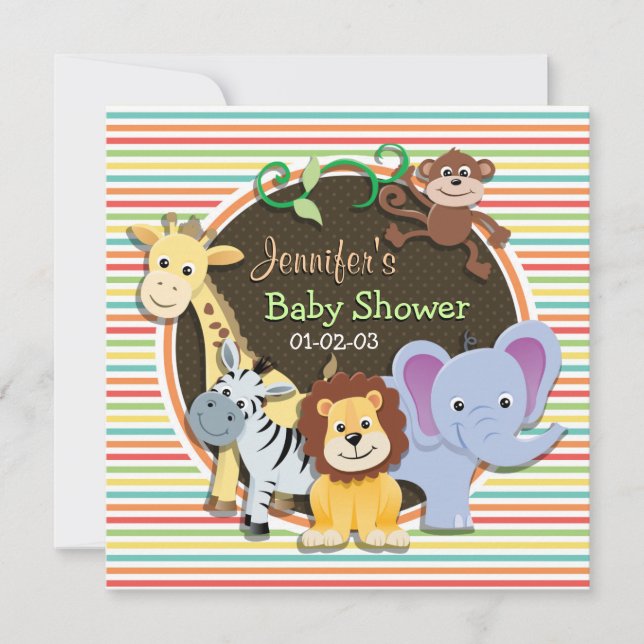 Zoo Animals Kinderdusche, Helle Regenbogenstreifen Einladung (Vorderseite)