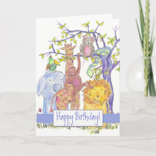 Zoo Tiere glücklich Geburtstag Giraffe Lion Elepha Karte