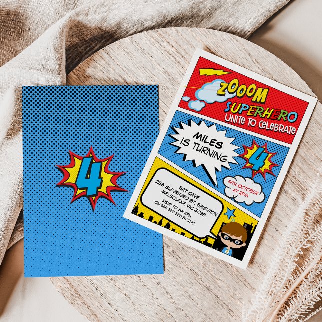Zoom Comic Superhero 4e Invitation anniversaire (Boys Superhero 4th Birthday Invitation, Comic Superhero Fourth Birthday Invitation Brown Hair Hero)
