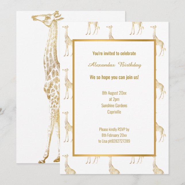 ZOOM THEMED GOLD GIRAFFE ANNIVERSAIRE INVITATION (Devant / Derrière)