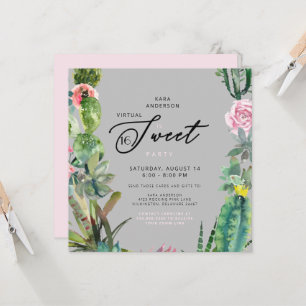 Zoom Virtueller Kaktus Rosa & Grau Sweet 16 Geburt Einladung