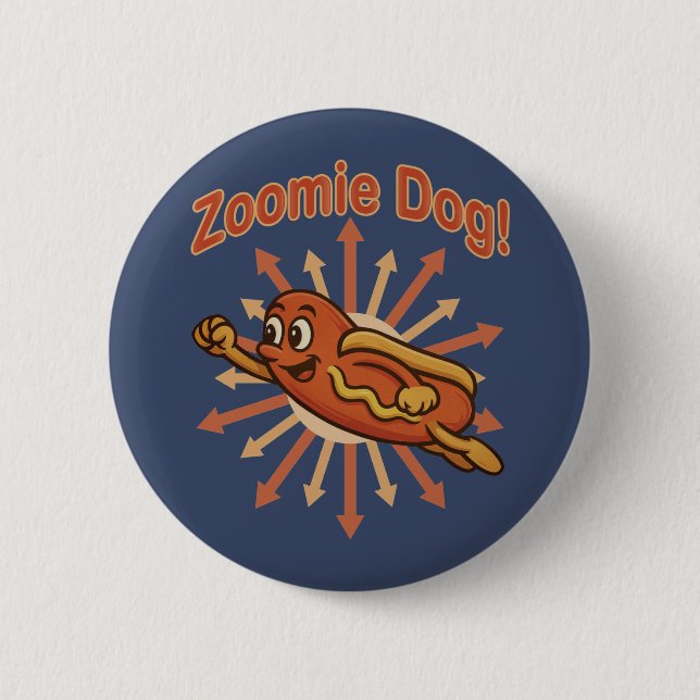 Zoomie Dog Flying Hot Dog Cartoon - Fun Retro Button (Vorderseite)
