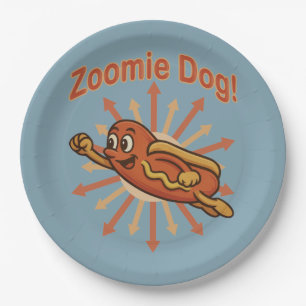 Zoomie Dog Flying Hot Dog Cartoon - Fun Retro Pappteller