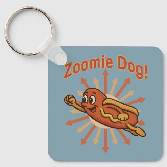 Zoomie Dog Flying Hot Dog Cartoon - Fun Retro Schlüsselanhänger (Vorderseite)