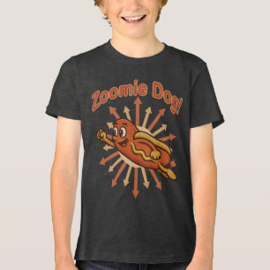 Zoomie Dog Flying Hot Dog Cartoon - Fun Retro Tri-Blend Shirt