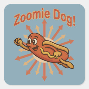 Zoomie-Hund Fliegender Hot Dog Cartoon – Lustiger  Quadratischer Aufkleber