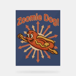 Zoomie-Hund fliegt als Hot Dog Cartoon – Lustiger Acrylschild