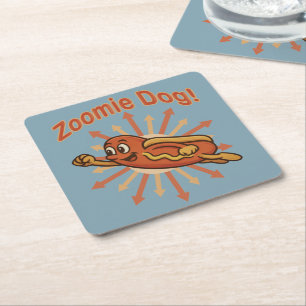Zoomie-Hund fliegt als Hot Dog Cartoon – Lustiger Rechteckiger Pappuntersetzer