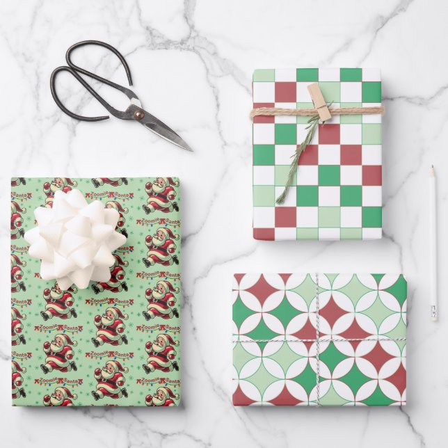 Zoomie Santa Christmas Geschenkpapier Set (Vorderseite)