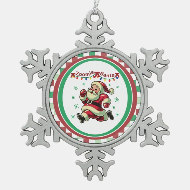 Zoomie Santa Christmas Schneeflocken Zinn-Ornament (Vorderseite)