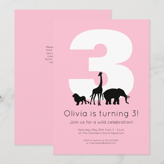 Zootiere Rosa Kindergeburtstag Party Einladung (Vorne/Hinten)