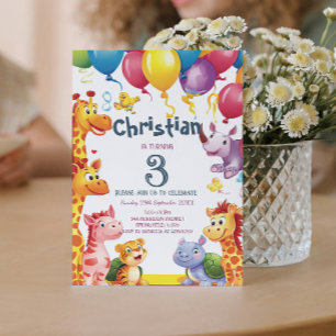 Zootiere und Ballons Kindergeburtstag Party Einladung