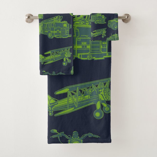Zu den unterwegs "Blue & Green Moving Vehicles Boy Badhandtuch Set (Insitu)