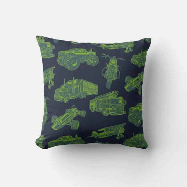 Zu den unterwegs "Blue & Green Moving Vehicles Boy Kissen (Vorderseite)