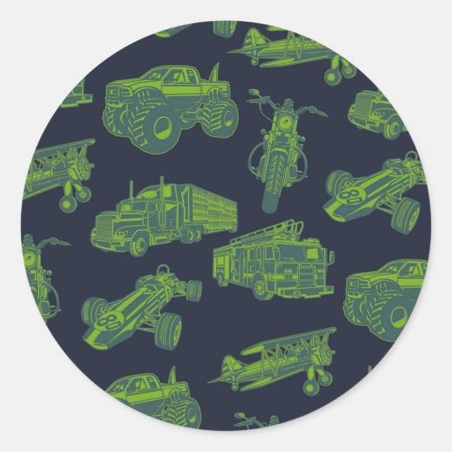 Zu den unterwegs "Blue & Green Moving Vehicles Boy Runder Aufkleber (Vorderseite)